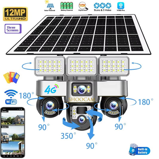 Cameră de Supraveghere Solară cu 3 Lentile și Urmărire AI